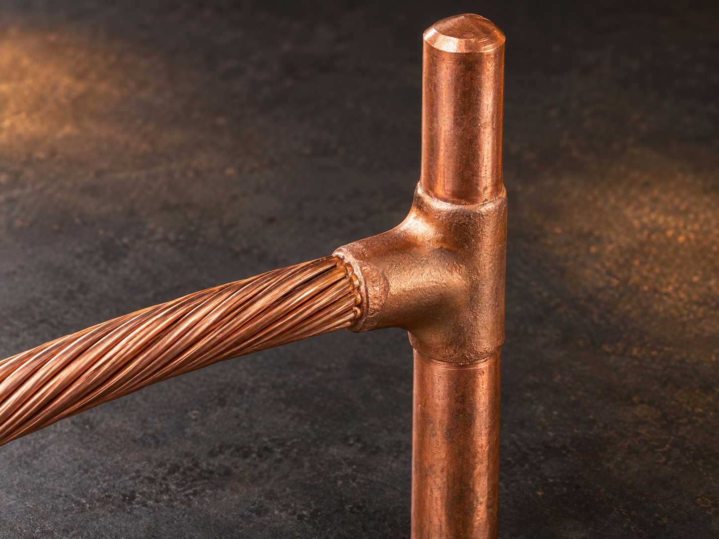 Completed exothermic weld joining a stranded copper cable to a copper ground rod for United Kingdom projects